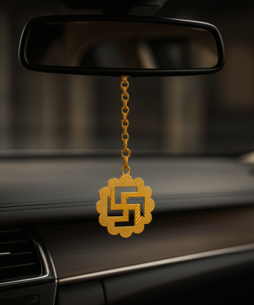 Elita Swastik Car Hanging in Brass with Gold Plated Luxury Swastik Design