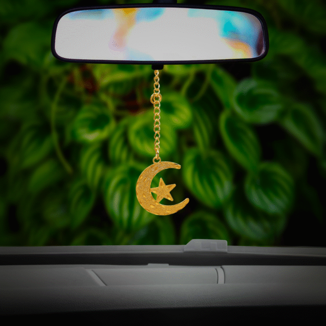 Moon Chand Sitara Car Hanging in Brass with Gold Plated, Islamic Religious Gifts