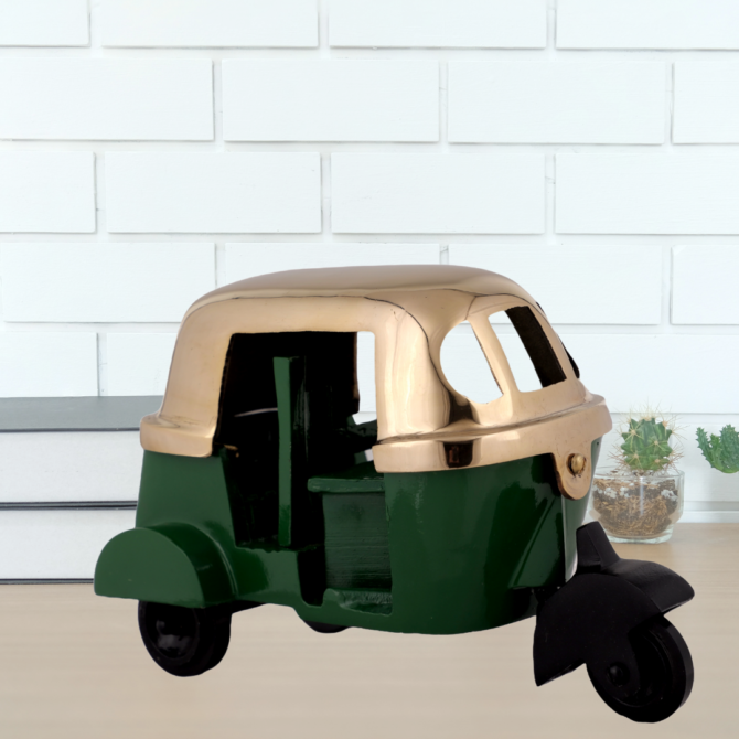 Elita Decorative Auto Rickshaw Model, Green and Gold, Metal Miniature Tuk-Tuk Showpiece SK T-G