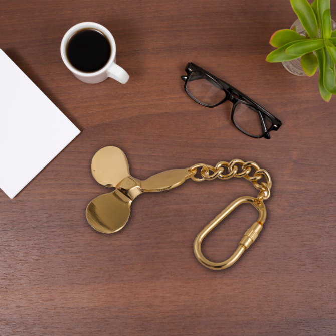 Brass Propeller Keychain with Carabiner Clip, Gold-Toned Metal Chain