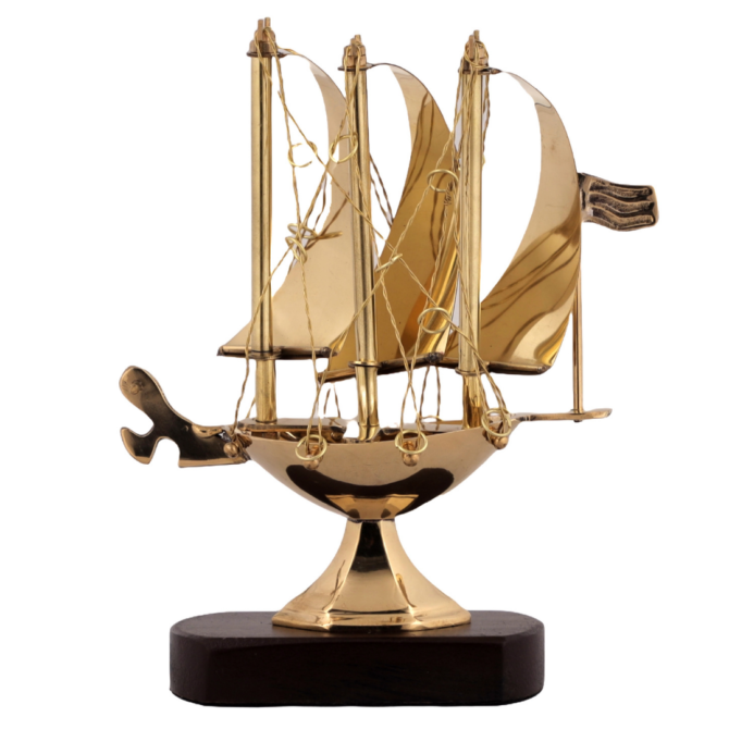 Decorative Brass Sailing Ship Model with Wooden Base, Maritime Nautical Desk Decor, SK 6-SP