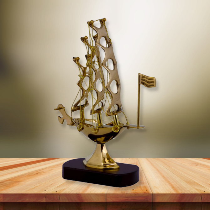 Decorative Brass Sailing Ship Trophy with Flag, Nautical Desktop Sculpture on Wooden Base SK 6-CP