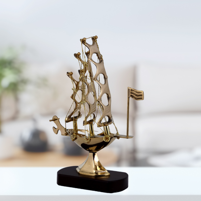 Decorative Brass Sailing Ship Trophy with Flag, Nautical Desktop Sculpture on Wooden Base SK 6-CP