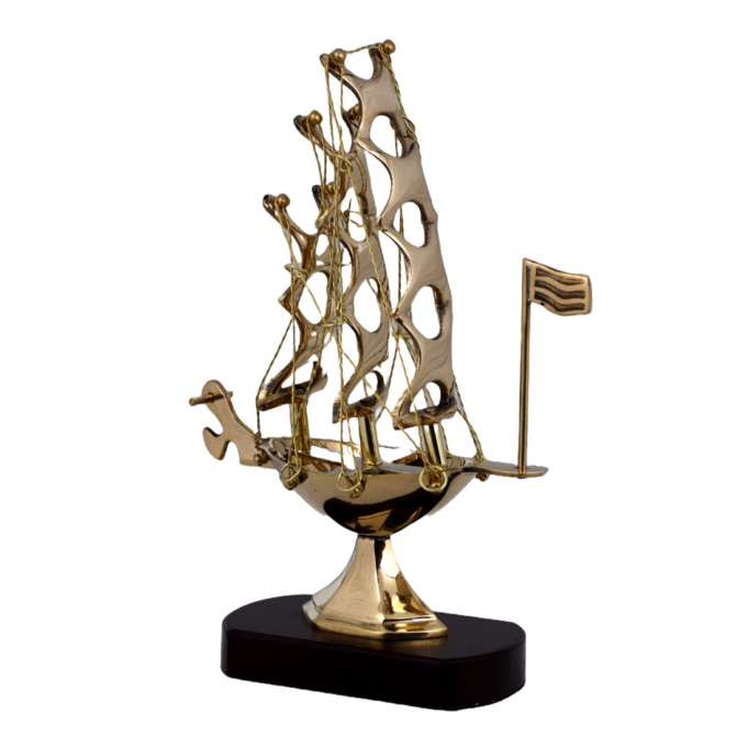 Decorative Brass Sailing Ship Trophy with Flag, Nautical Desktop Sculpture on Wooden Base SK 6-CP