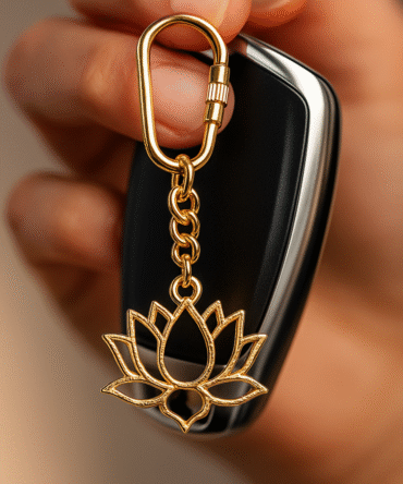 Elita Lotus Flower Keychain with Brass Chain Link, Decorative Brass Charm With Gold Plated Finish