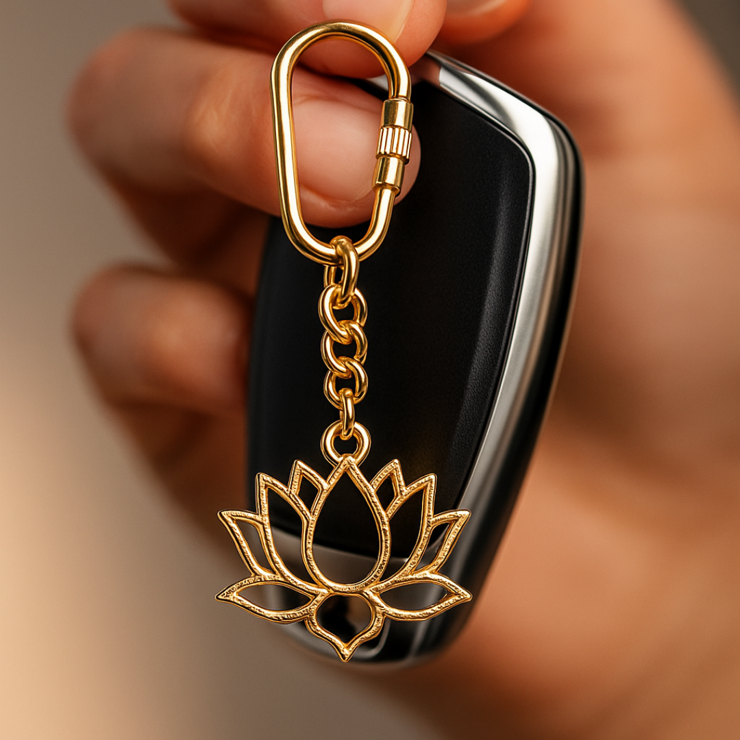 Elita Lotus Flower Keychain with Brass Chain Link, Decorative Brass Charm With Gold Plated Finish