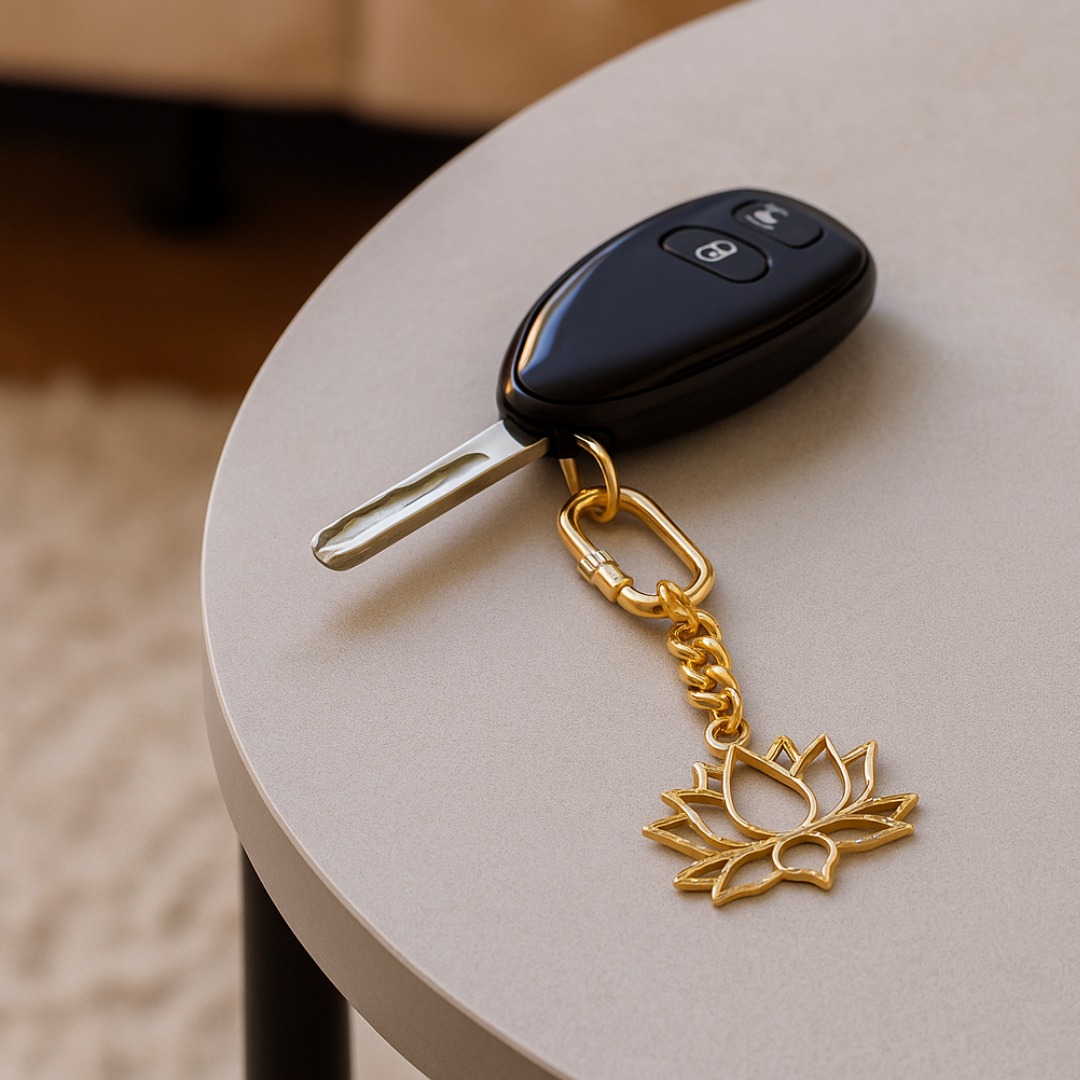 Elita Lotus Flower Keychain with Brass Chain Link, Decorative Brass Charm With Gold Plated Finish - Image 3