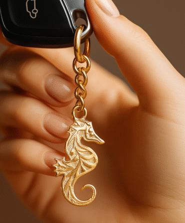 Elita Gold-Plated Finish Seahorse Keychain, Decorative Chain Link Design, Vintage Style Charm Brass