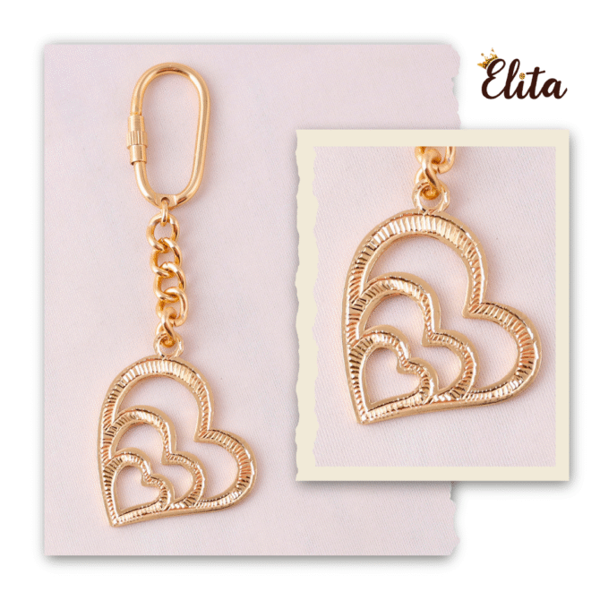Elita Triple Heart Pendant Keychain, Gold Plated Finish Chain Link, Decorative Brass - Image 4