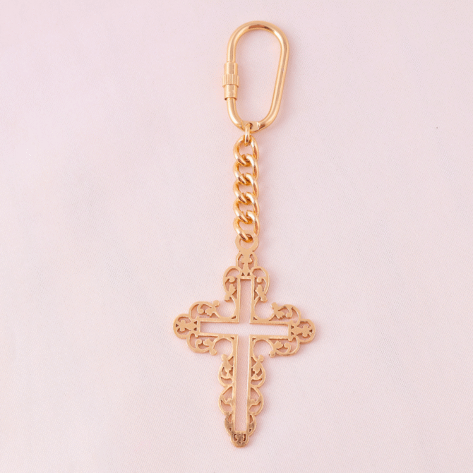 Elita Decorative Cross Keychain with Chain Link, Gold-Tone Brass, Ornate Design With Gold Plated Finish
