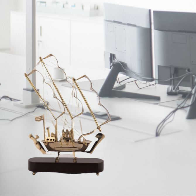 Decorative Sailing Ship Model with Stand, Gold Finish, 3-Mast Design - Image 2