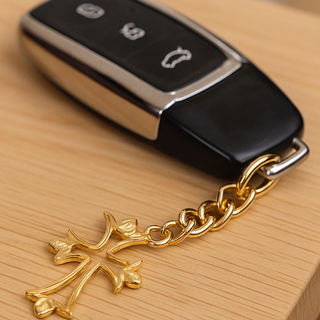 Elita Decorative Brass Cross Keychain with Chain Link and Carabiner Clasp With Gold Plated Finish - Image 3