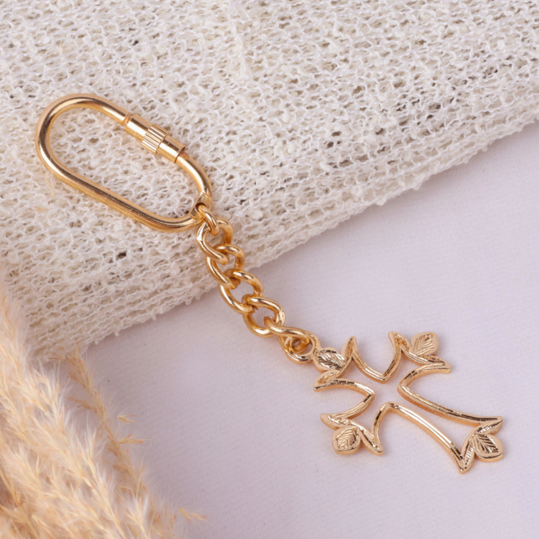 Elita Decorative Brass Cross Keychain with Chain Link and Carabiner Clasp With Gold Plated Finish - Image 5