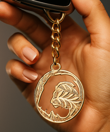 Elita Vintage Gold-Plated Finish Singal Lion Keychain, Decorative Oval Pendant with Chain Link, Brass