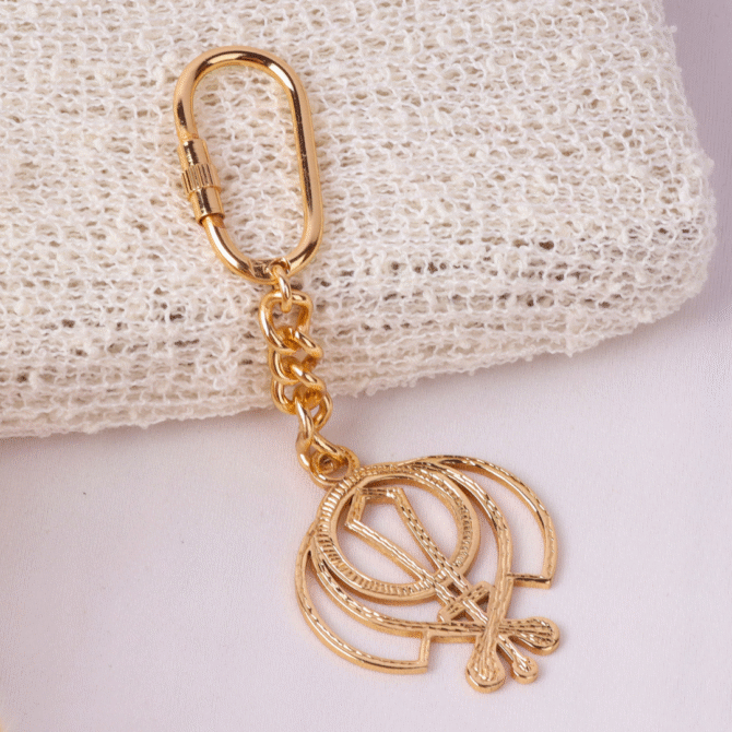 Elita Sikh Khanda Religious Symbol Gold-Plated Finish Keychain, Brass Chain Design with Carabiner Clip