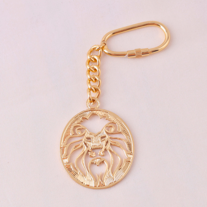 Elita Gold-Plated Finish Double Lion Design Keychain, Round Medallion Pendant with Chain Link, Brass