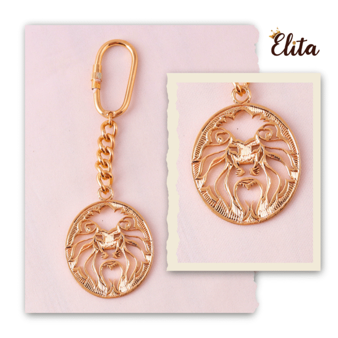 Elita Gold-Plated Finish Double Lion Design Keychain, Round Medallion Pendant with Chain Link, Brass - Image 3