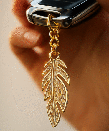 Brass Gold-Plated Finsh Leaf Keychain, Decorative Chain Link Charm, Vintage Style, Brass