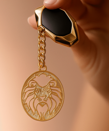 Elita Gold-Plated Finish Double Lion Design Keychain, Round Medallion Pendant with Chain Link, Brass