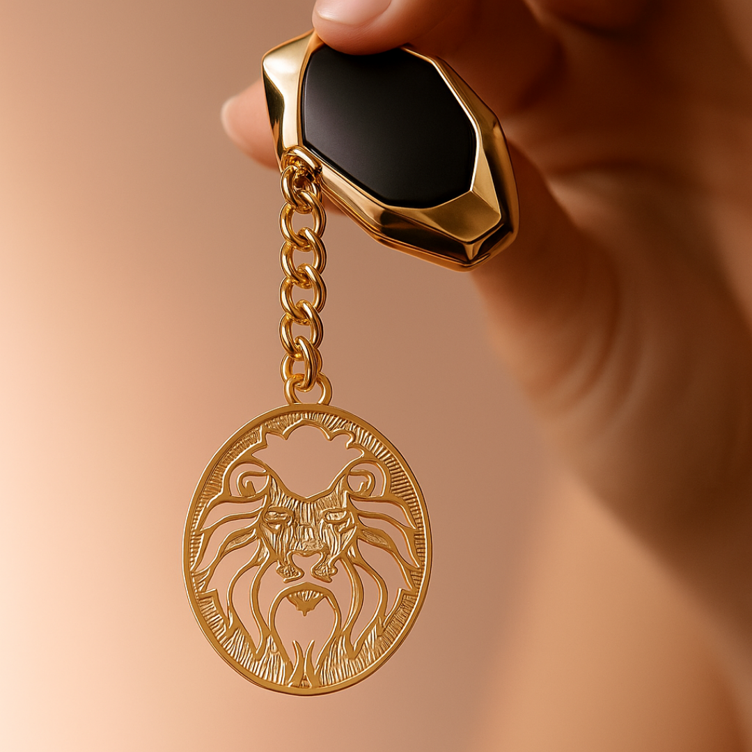 Elita Gold-Plated Finish Double Lion Design Keychain, Round Medallion Pendant with Chain Link, Brass