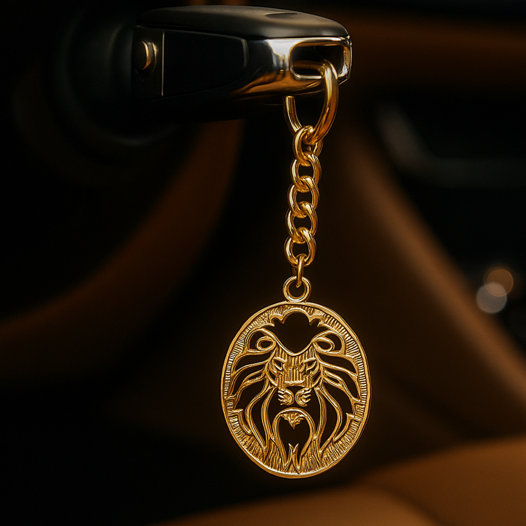 Elita Gold-Plated Finish Double Lion Design Keychain, Round Medallion Pendant with Chain Link, Brass - Image 2