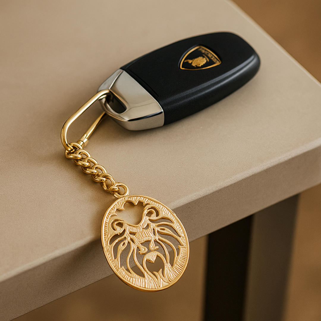 Elita Gold-Plated Finish Double Lion Design Keychain, Round Medallion Pendant with Chain Link, Brass - Image 3