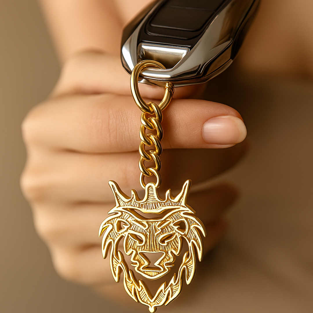 Elita Decorative Gold Lion Keychain with Carabiner Clip, Brass Chain Design With Gold Plated Finish