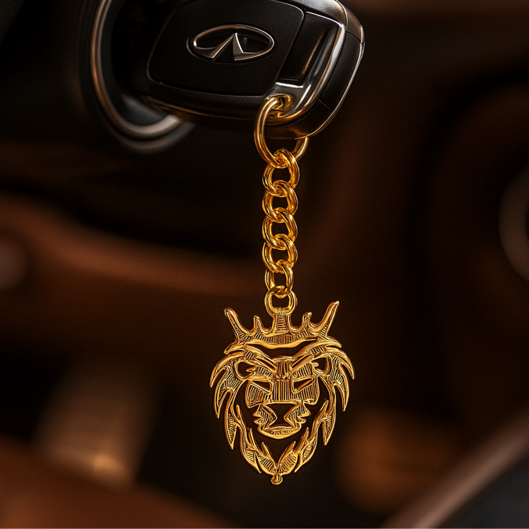 Elita Decorative Gold Lion Keychain with Carabiner Clip, Brass Chain Design With Gold Plated Finish - Image 2