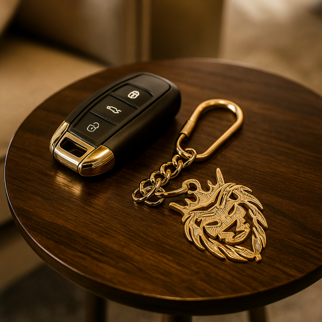 Elita Decorative Gold Lion Keychain with Carabiner Clip, Brass Chain Design With Gold Plated Finish - Image 3