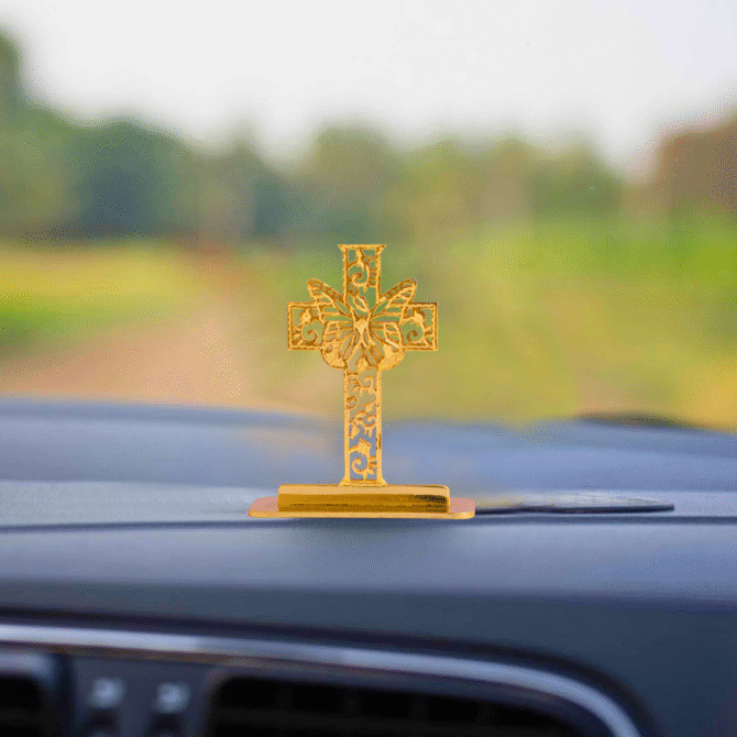 Decorative Cross Car Dashboard Ornament with Butterfly Design, Gold-Plated Finish in Brass Cross - Image 2