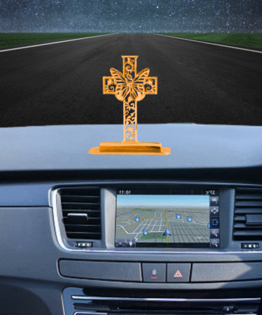 Decorative Cross Car Dashboard Ornament with Butterfly Design, Gold-Plated Finish in Brass Cross