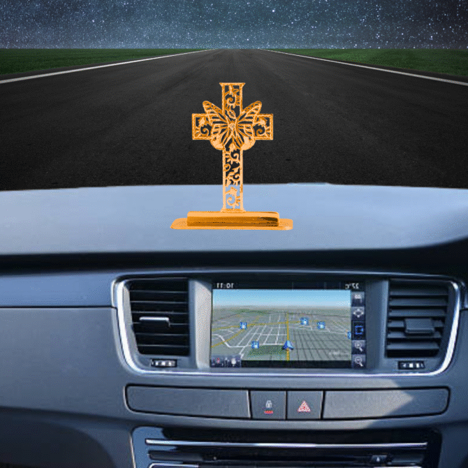 Decorative Cross Car Dashboard Ornament with Butterfly Design, Gold-Plated Finish in Brass Cross