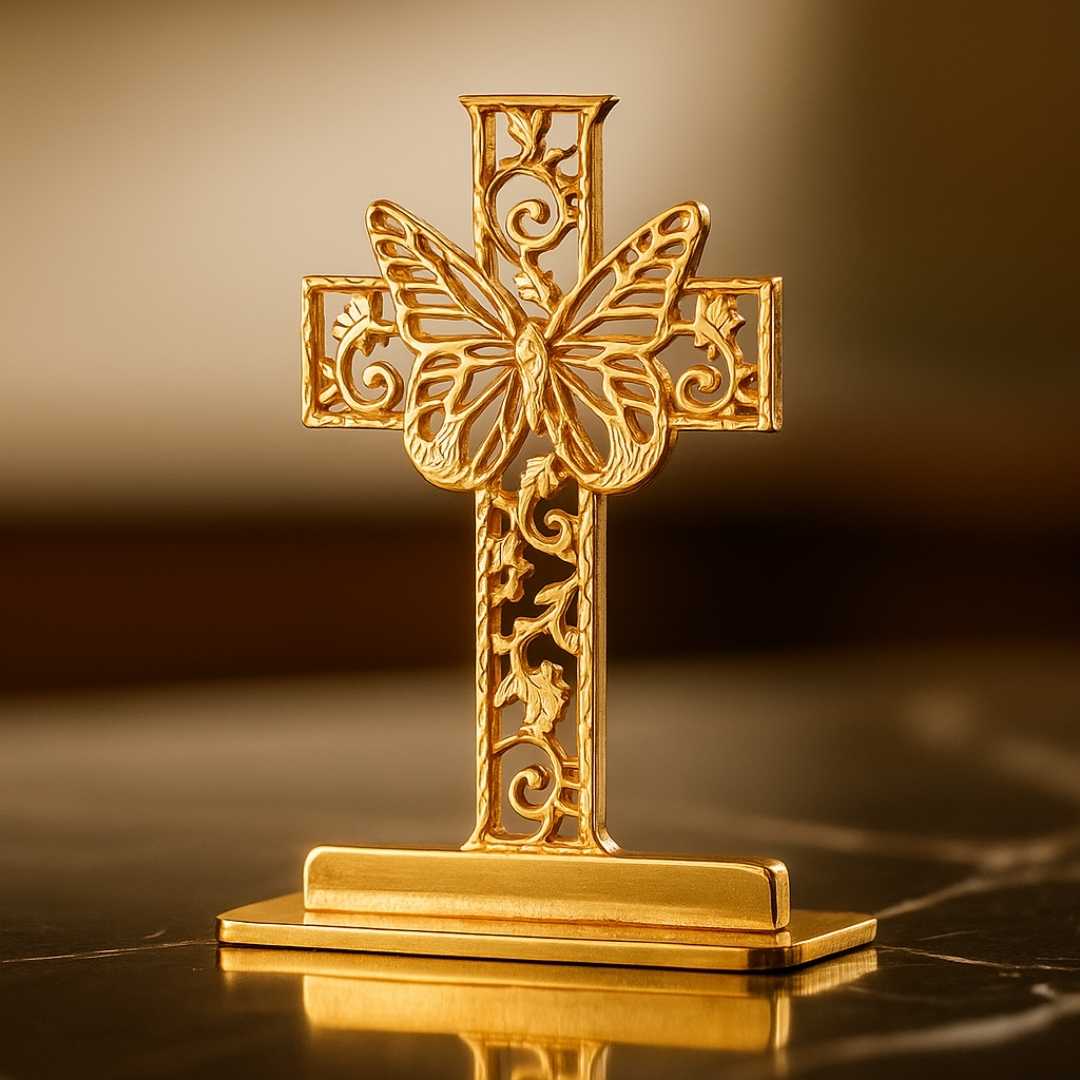 Decorative Cross Car Dashboard Ornament with Butterfly Design, Gold-Plated Finish in Brass Cross - Image 2