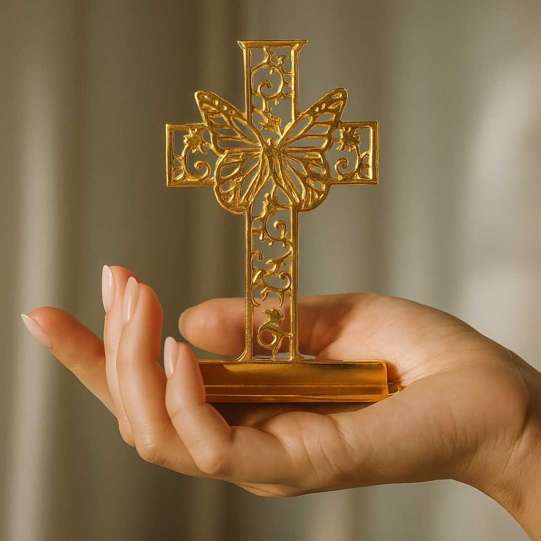 Decorative Cross Car Dashboard Ornament with Butterfly Design, Gold-Plated Finish in Brass Cross - Image 3