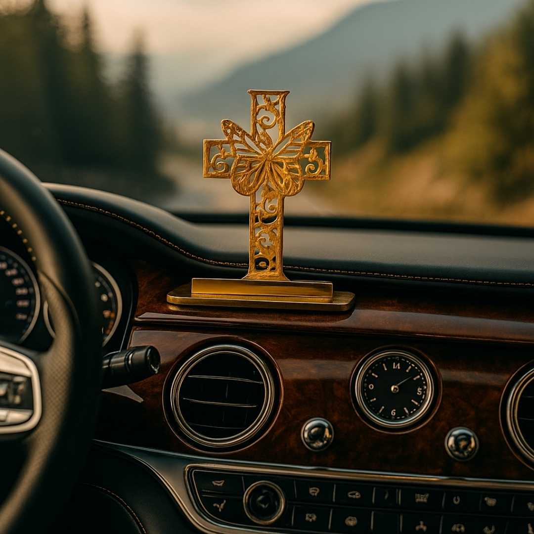Decorative Cross Car Dashboard Ornament with Butterfly Design, Gold-Plated Finish in Brass Cross - Image 4