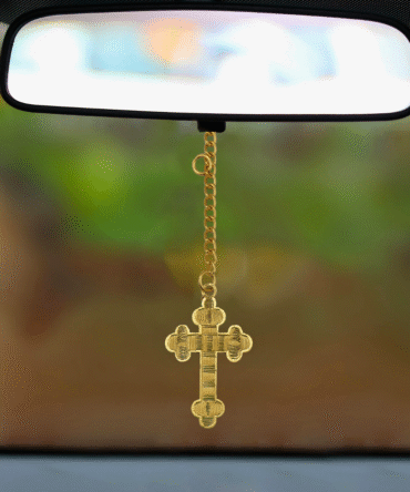 Decorative Gold Cross Car Rear View Mirror Hanging Ornament, Gold-Plated Finish in Brass