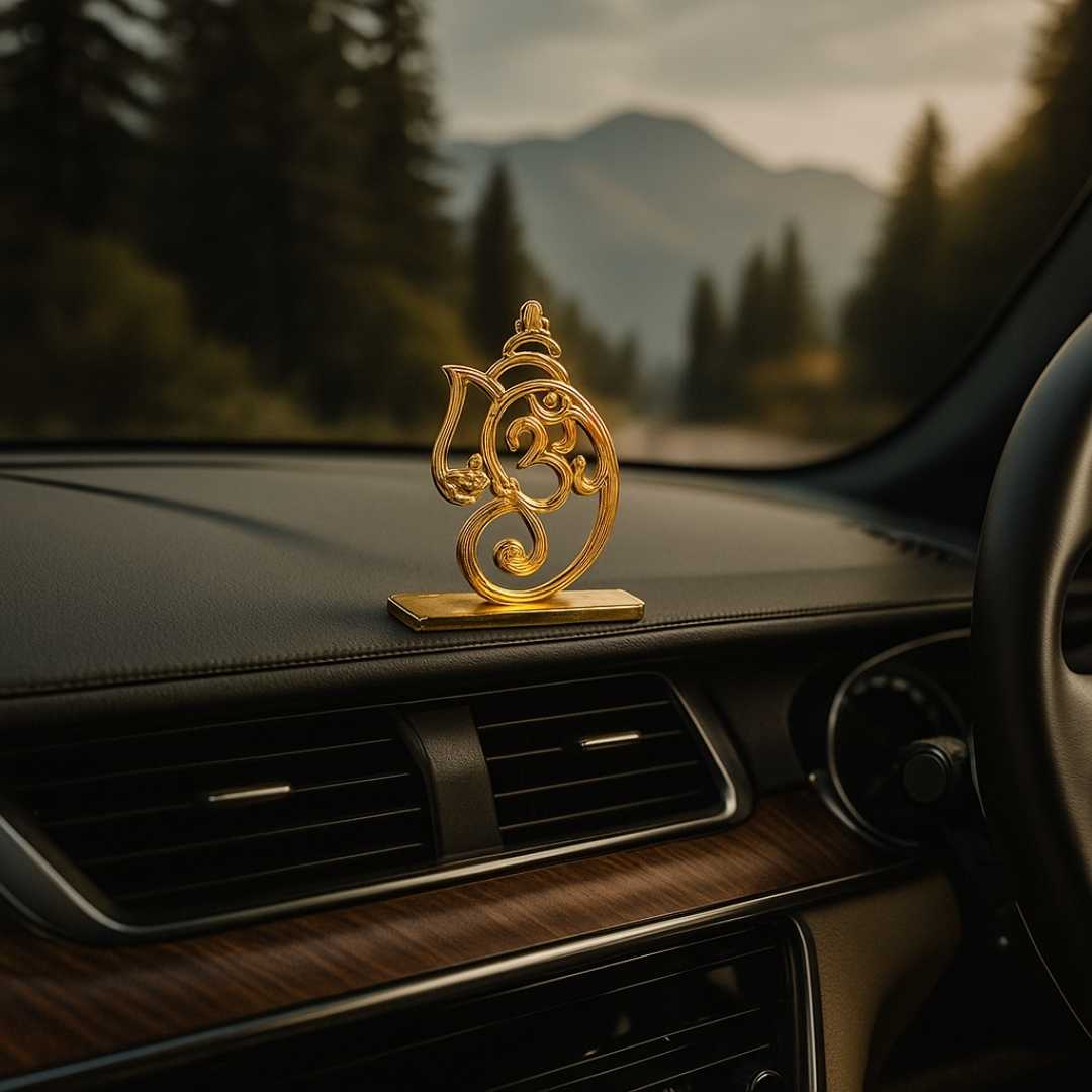Gold Om Symbol Car Dashboard Ornament, Decorative Spiritual Auto Accessory Gold-Plated Finish in Brass