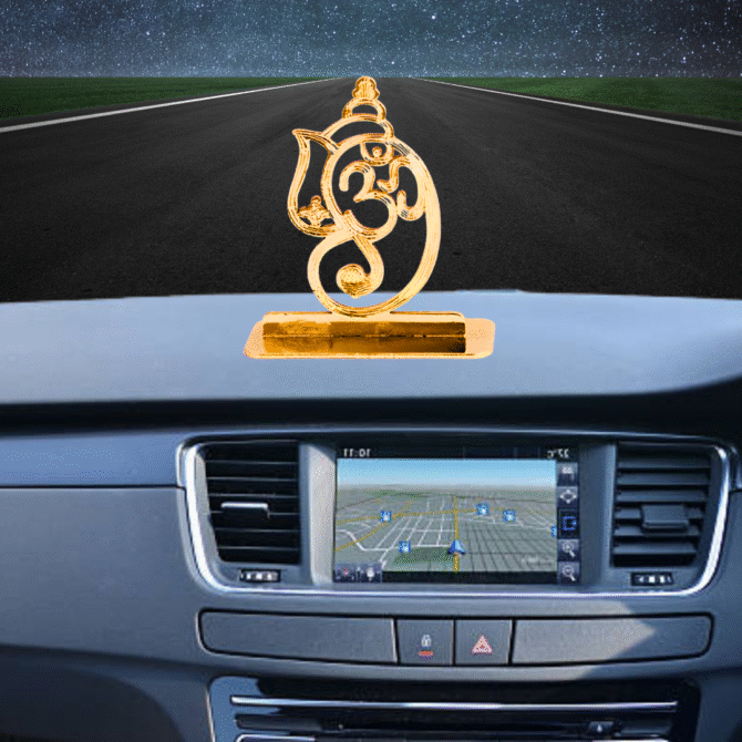 Gold Om Symbol Car Dashboard Ornament, Decorative Spiritual Auto Accessory Gold-Plated Finish in Brass
