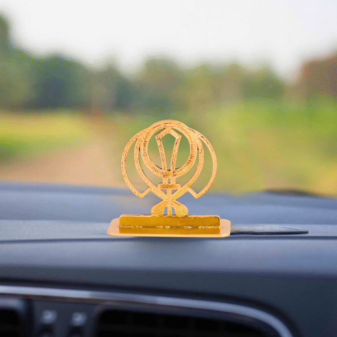 Sikh Khanda Symbol Car Dashboard Ornament, Gold-Plated Finish in Brass Religious Decor with Stand - Image 2