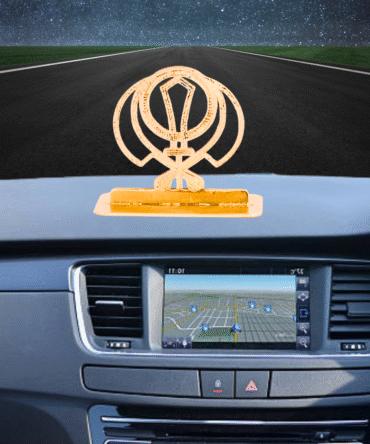 Sikh Khanda Symbol Car Dashboard Ornament, Gold-Plated Finish in Brass Religious Decor with Stand