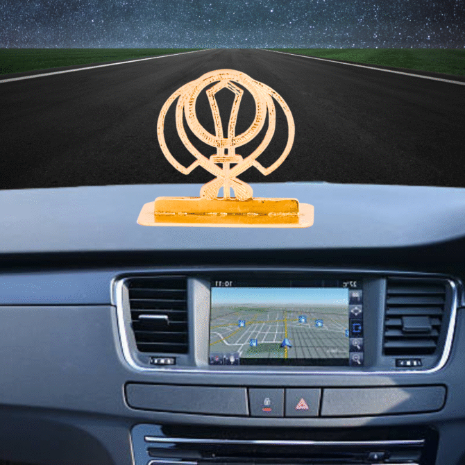 Sikh Khanda Symbol Car Dashboard Ornament, Gold-Plated Finish in Brass Religious Decor with Stand
