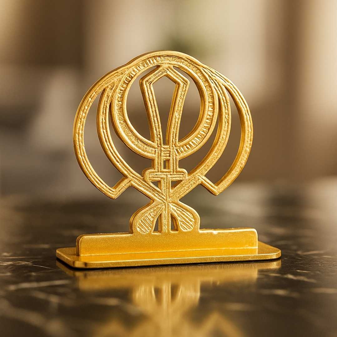 Sikh Khanda Symbol Car Dashboard Ornament, Gold-Plated Finish in Brass Religious Decor with Stand - Image 2