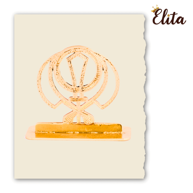 Sikh Khanda Symbol Car Dashboard Ornament, Gold-Plated Finish in Brass Religious Decor with Stand - Image 3