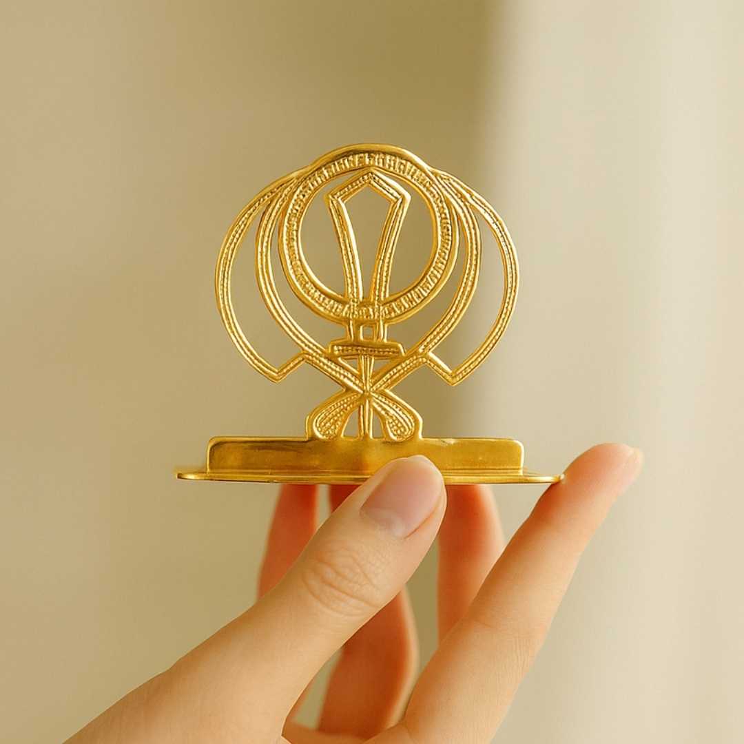 Sikh Khanda Symbol Car Dashboard Ornament, Gold-Plated Finish in Brass Religious Decor with Stand - Image 3