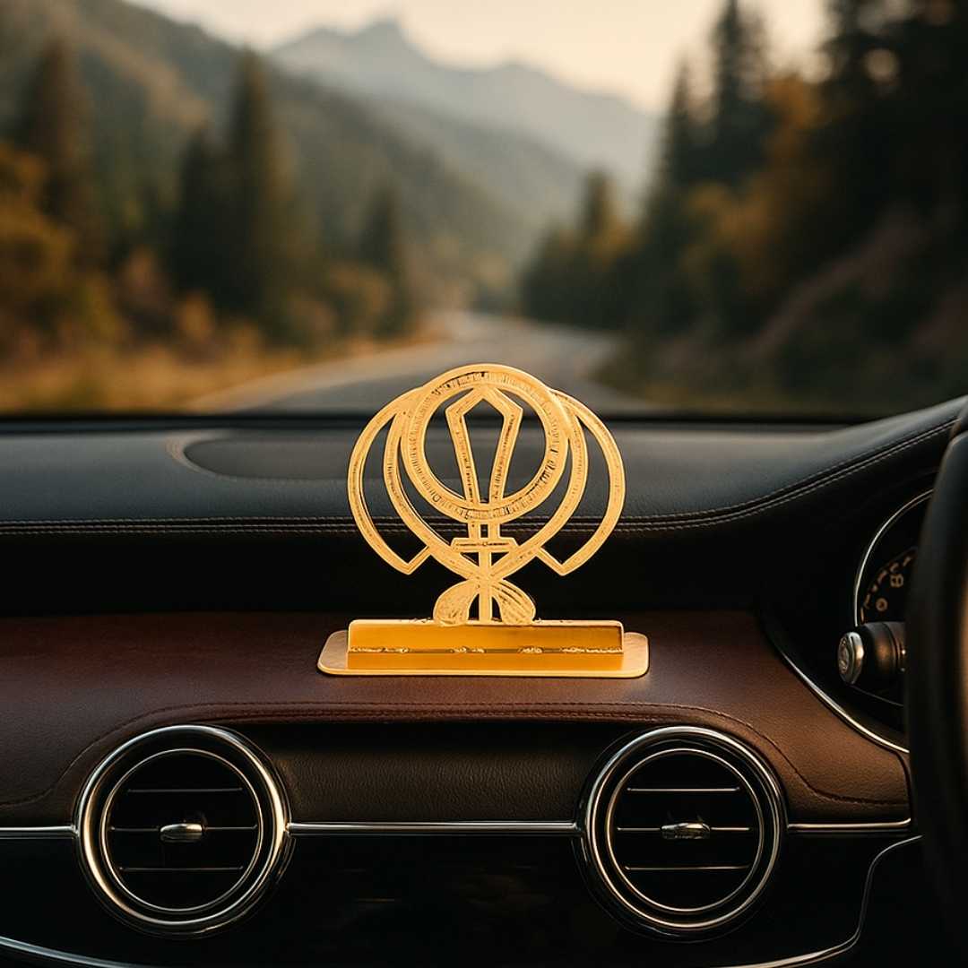 Sikh Khanda Symbol Car Dashboard Ornament, Gold-Plated Finish in Brass Religious Decor with Stand - Image 4
