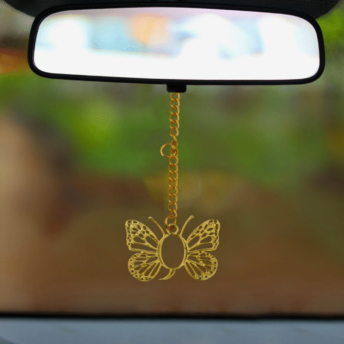 Gold Butterfly Car Rear View Mirror Hanging Charm, Decorative Gold-Plated Finish in Brass