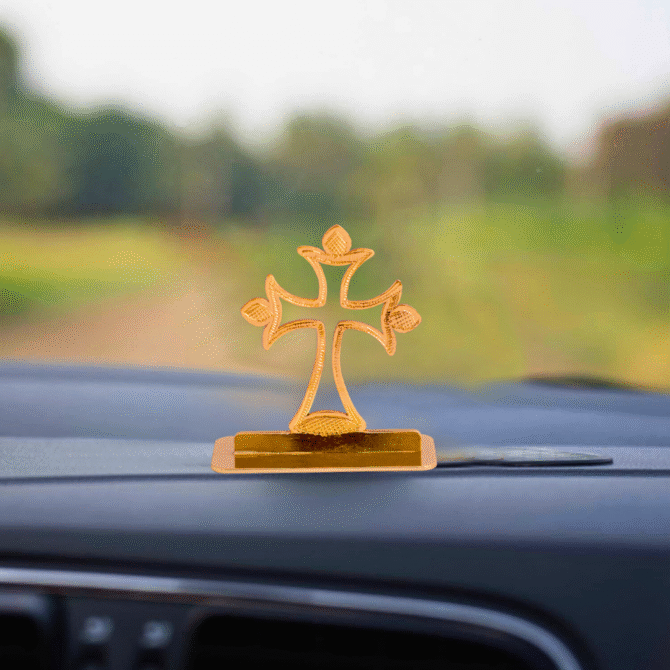 Decorative Car Dashboard Cross Gold-Plated Finish in Brass Ornament, Gold Religious Symbol Display Stand - Image 2