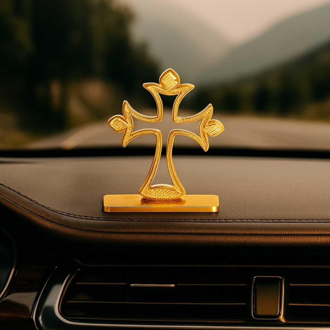 Decorative Car Dashboard Cross Gold-Plated Finish in Brass Ornament, Gold Religious Symbol Display Stand