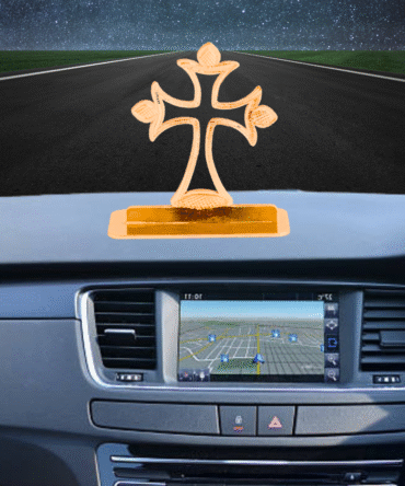 Decorative Car Dashboard Cross Gold-Plated Finish in Brass Ornament, Gold Religious Symbol Display Stand