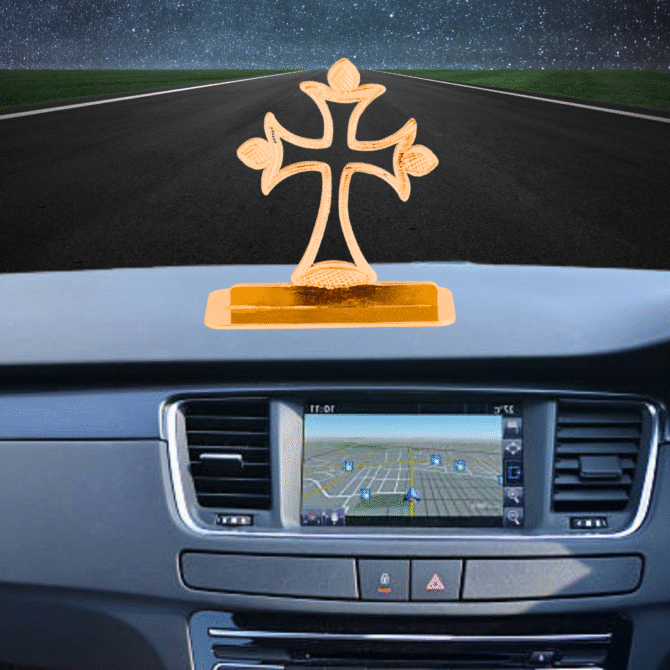 Decorative Car Dashboard Cross Gold-Plated Finish in Brass Ornament, Gold Religious Symbol Display Stand